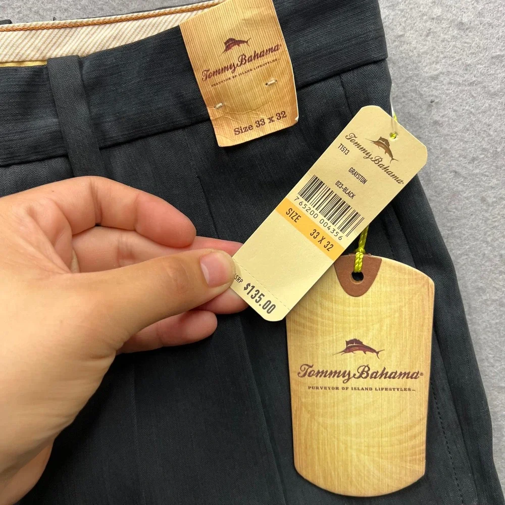 Tommy Bahama Grayston Silk Bamboo Pants Mens 33x32 Black Herringbone Pleated NWT